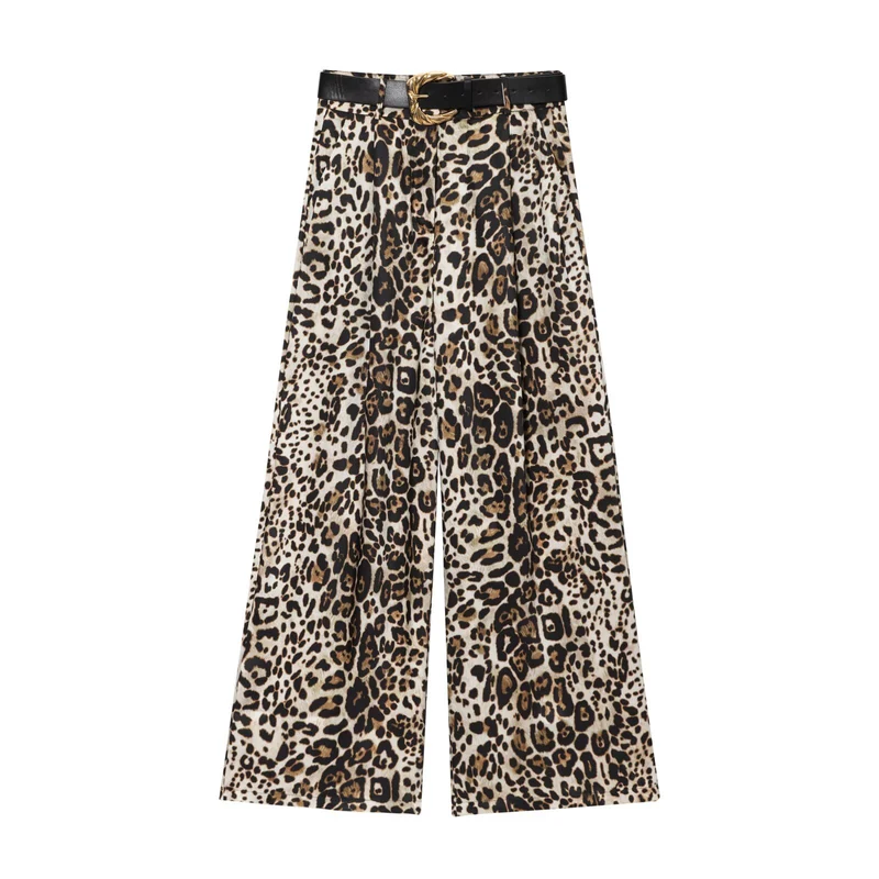 Damen High‑Waist Palazzo‑Hose mit Leoparden‑Print, weitem Bein und Ziergürtel Drune