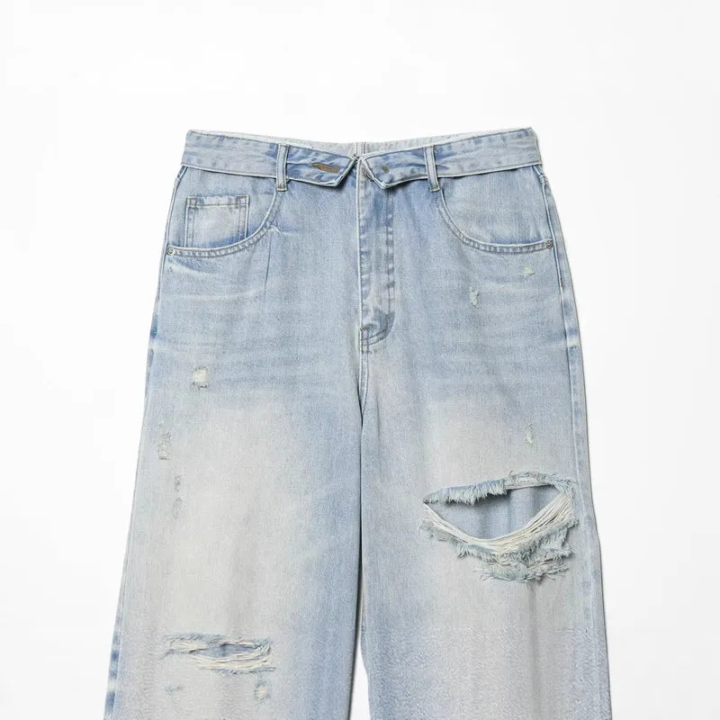 Damen High‑Waist Jeans mit weitem Bein, Destroyed‑Details und ausgefransten Knien Drune
