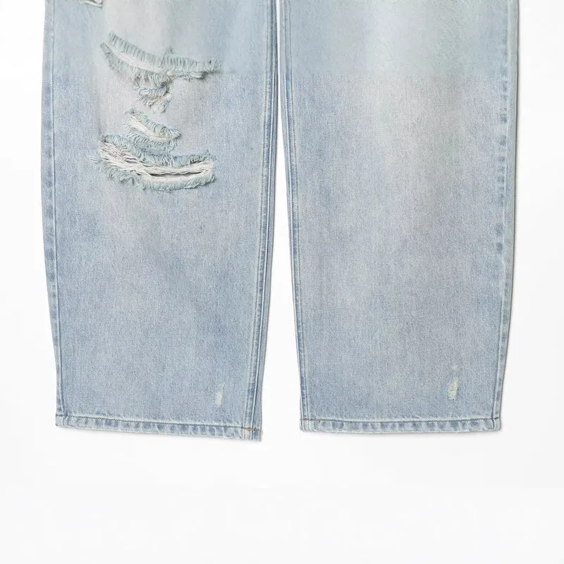 Damen High‑Waist Jeans mit weitem Bein, Destroyed‑Details und ausgefransten Knien Drune