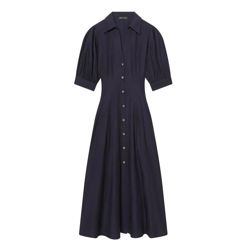 Damen Hemdblusenkleid mit taillierter Passform, Puffärmeln und durchgehender Knopfleiste Drune