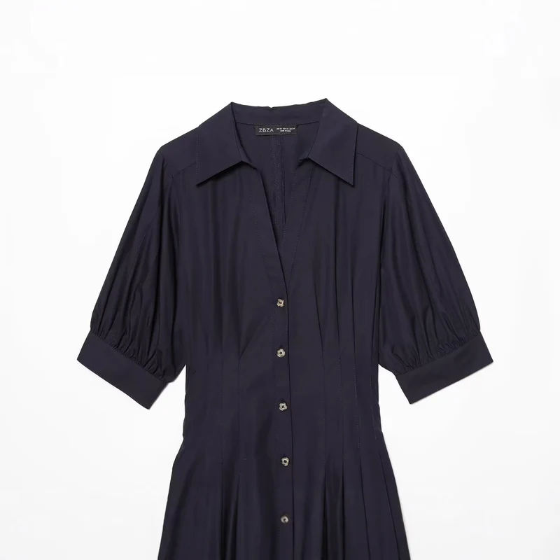Damen Hemdblusenkleid mit taillierter Passform, Puffärmeln und durchgehender Knopfleiste Drune