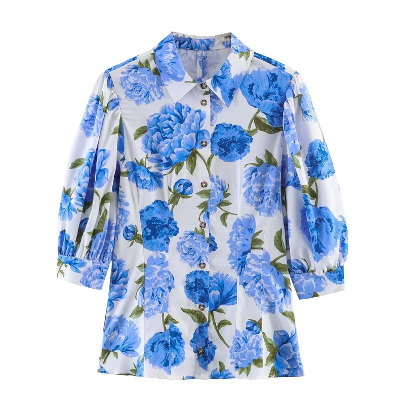 Damen Hemdbluse im A-Linien‑Schnitt mit floraler Allover‑Print, taillierten Teilungsnähten und Puffärmeln Drune
