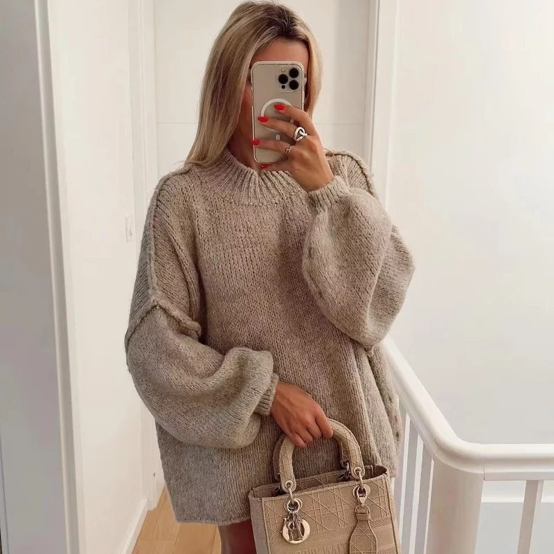 Damen Grobstrick-Pullover mit Stehkragen, überschnittenen Schultern und Ballonärmeln Drune