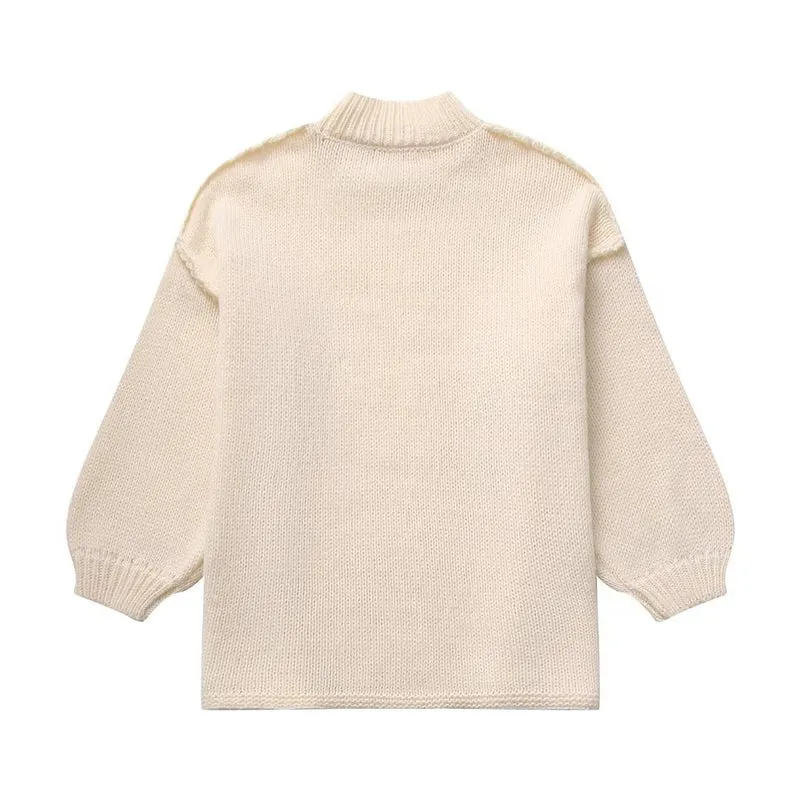 Damen Grobstrick-Pullover mit Stehkragen, überschnittenen Schultern und Ballonärmeln Drune