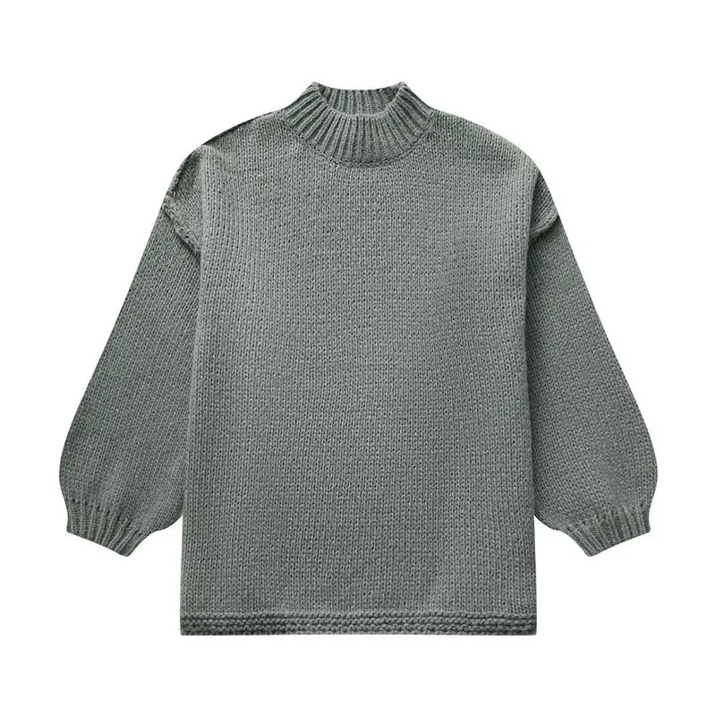 Damen Grobstrick-Pullover mit Stehkragen, überschnittenen Schultern und Ballonärmeln Drune