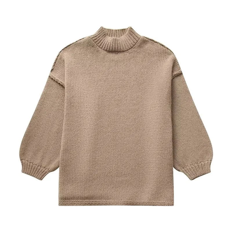Damen Grobstrick-Pullover mit Stehkragen, überschnittenen Schultern und Ballonärmeln Drune