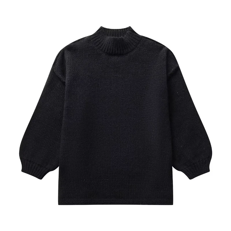 Damen Grobstrick-Pullover mit Stehkragen, überschnittenen Schultern und Ballonärmeln Drune
