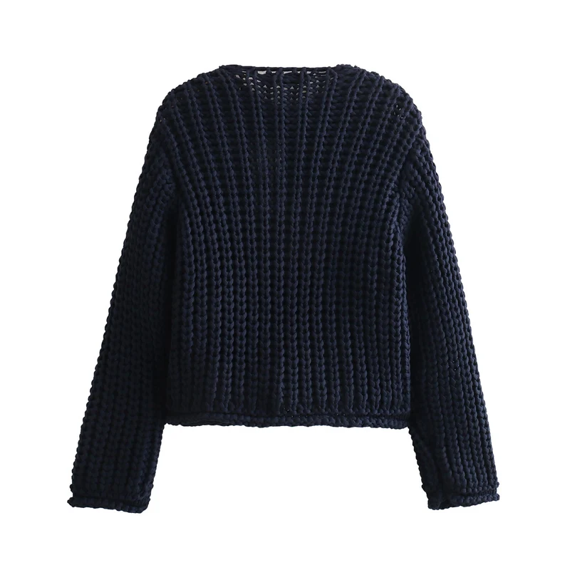 Damen Grobstrick-Cardigan mit V‑Ausschnitt, goldener Knopfleiste und aufgesetzten Taschen Drune