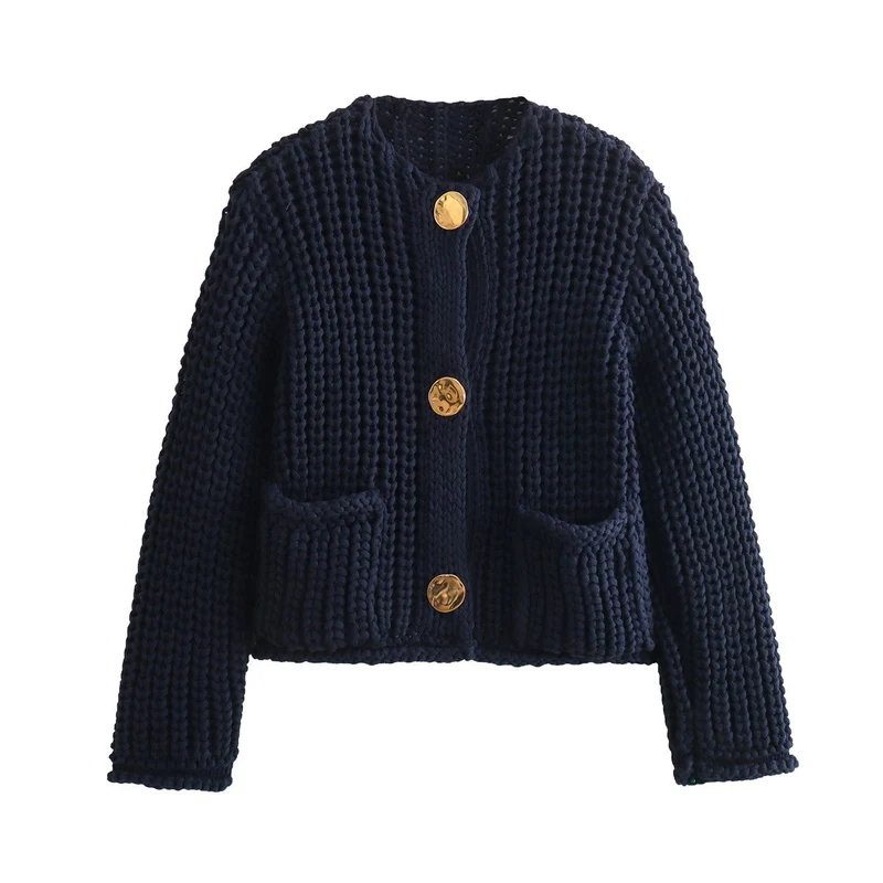 Damen Grobstrick-Cardigan mit V‑Ausschnitt, goldener Knopfleiste und aufgesetzten Taschen Drune