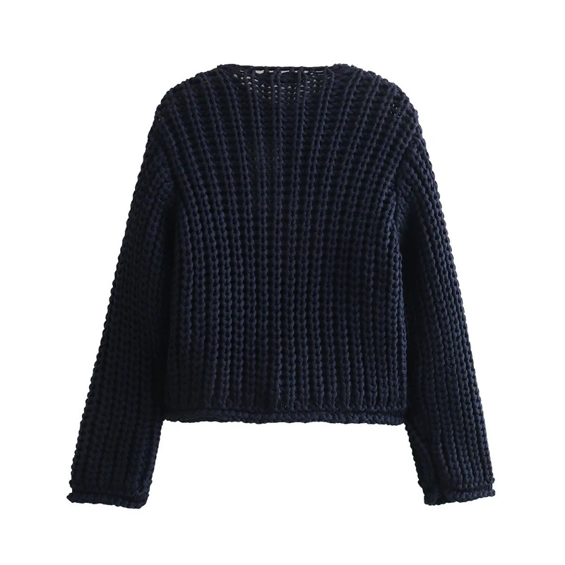 Damen Grobstrick-Cardigan mit V‑Ausschnitt, goldener Knopfleiste und aufgesetzten Taschen Drune
