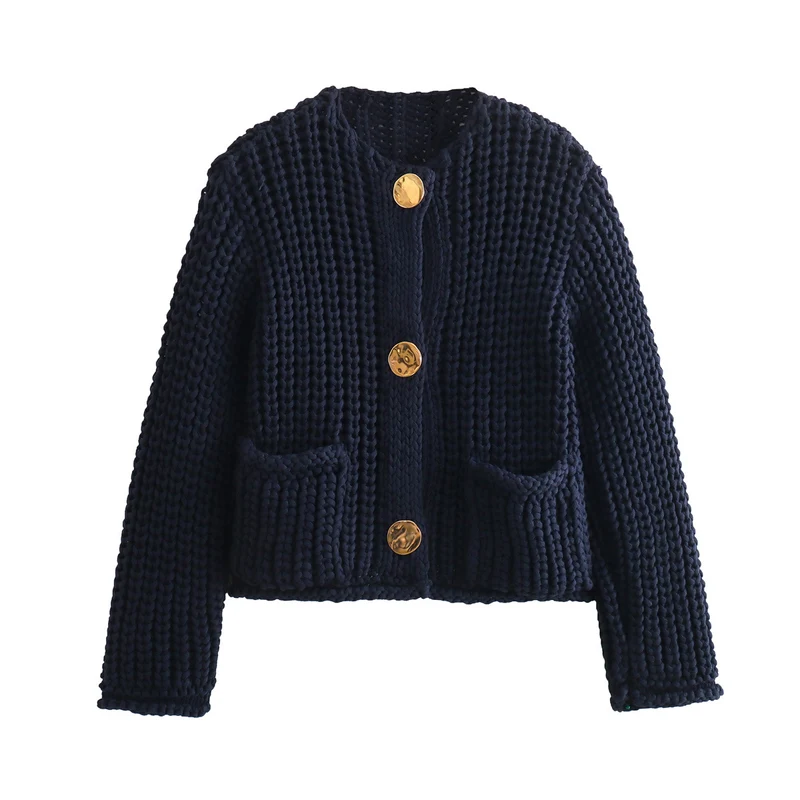 Damen Grobstrick-Cardigan mit V‑Ausschnitt, goldener Knopfleiste und aufgesetzten Taschen Drune