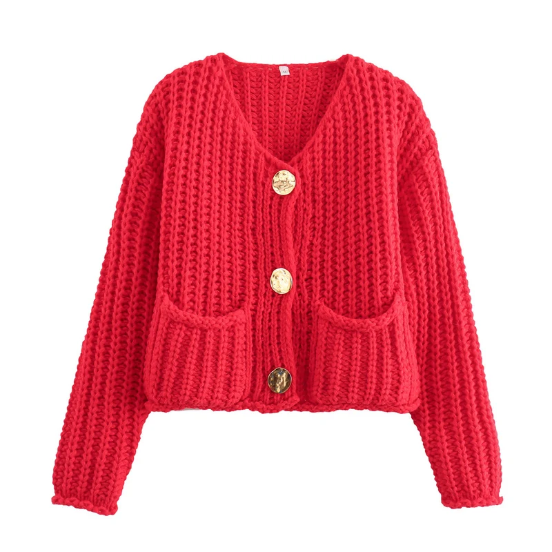 Damen Grobstrick-Cardigan mit V‑Ausschnitt, goldener Knopfleiste und aufgesetzten Taschen Drune