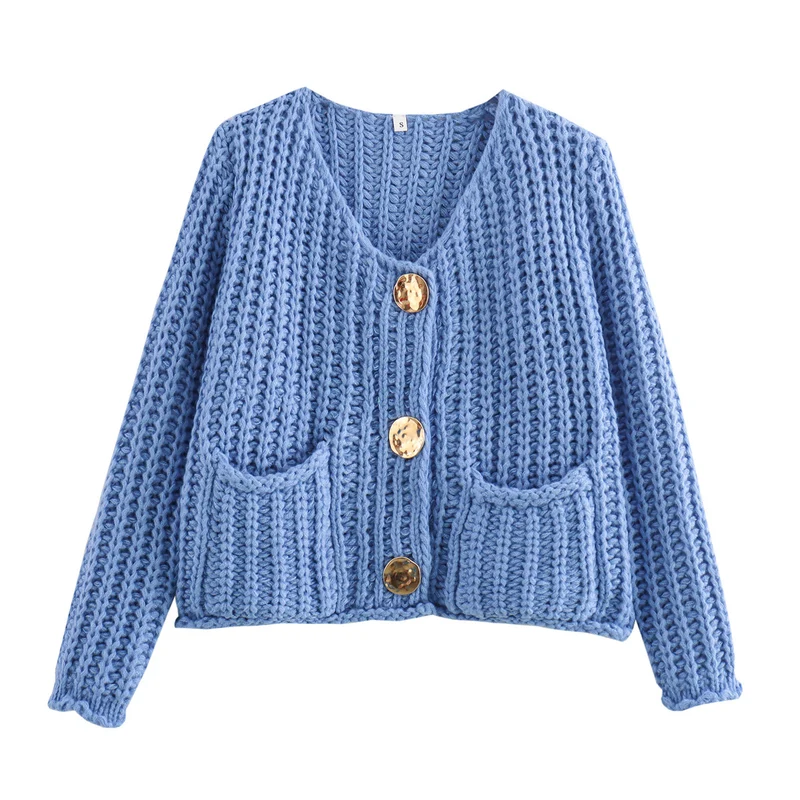 Damen Grobstrick-Cardigan mit V‑Ausschnitt, goldener Knopfleiste und aufgesetzten Taschen Drune