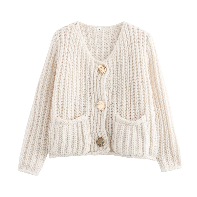Damen Grobstrick-Cardigan mit V‑Ausschnitt, goldener Knopfleiste und aufgesetzten Taschen Drune