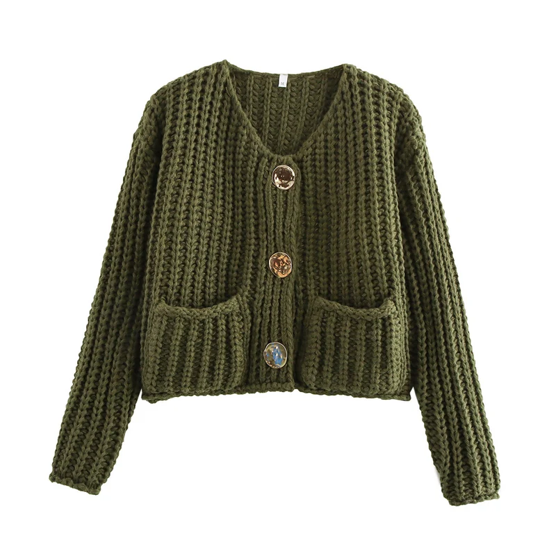 Damen Grobstrick-Cardigan mit V‑Ausschnitt, goldener Knopfleiste und aufgesetzten Taschen Drune