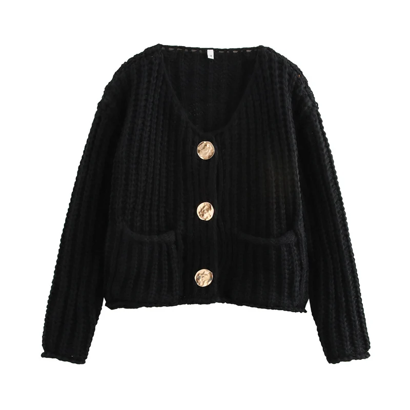 Damen Grobstrick-Cardigan mit V‑Ausschnitt, goldener Knopfleiste und aufgesetzten Taschen Drune
