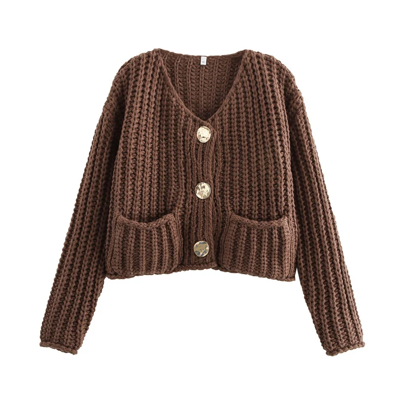 Damen Grobstrick-Cardigan mit V‑Ausschnitt, goldener Knopfleiste und aufgesetzten Taschen Drune