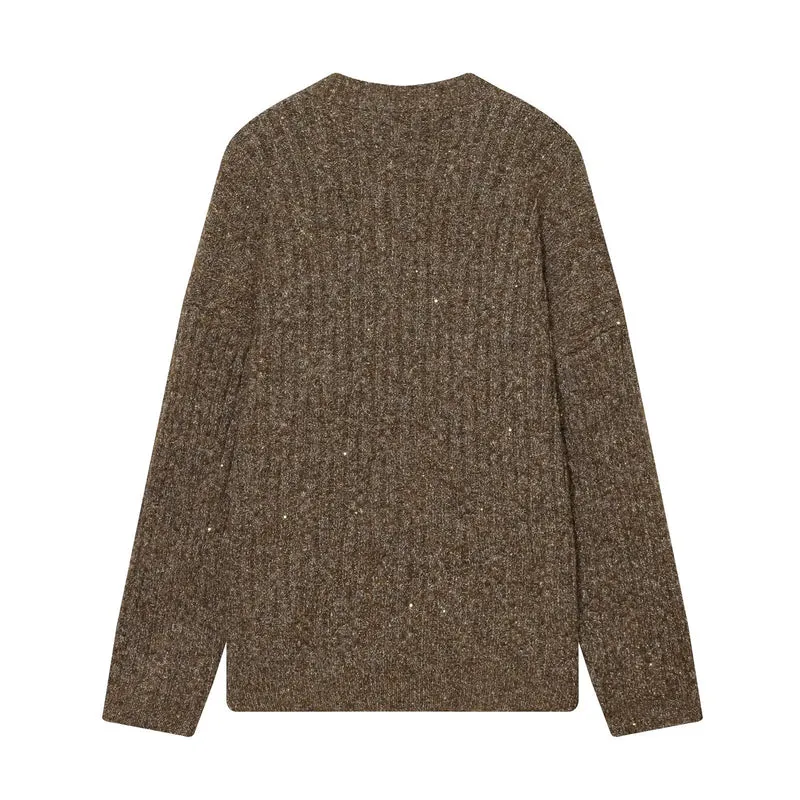 Damen Grobgestrickter V‑Neck Cardigan mit Perlmuttknöpfen und melierter Tweedoptik Drune
