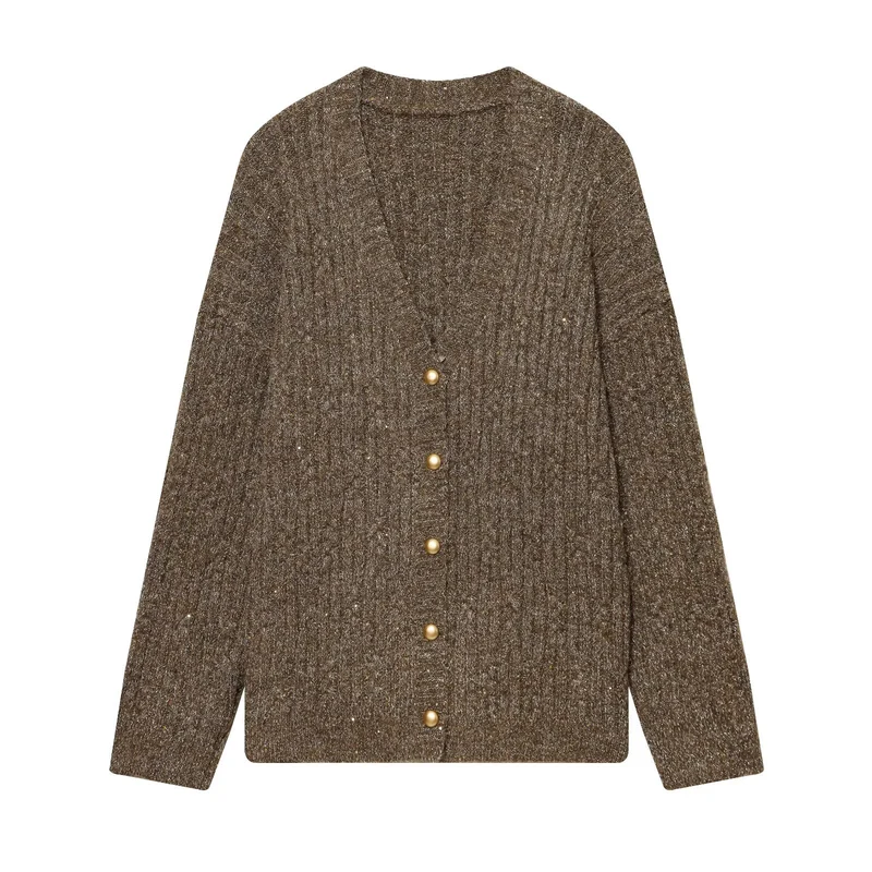 Damen Grobgestrickter V‑Neck Cardigan mit Perlmuttknöpfen und melierter Tweedoptik Drune