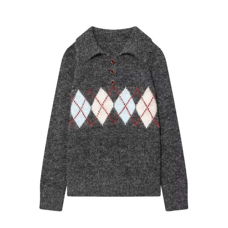 Damen Grobgestrickter Pullover mit Polokragen, 3‑Knopf‑Leiste und Argyle‑Dekor Drune