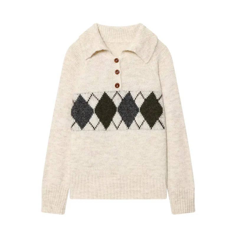 Damen Grobgestrickter Pullover mit Polokragen, 3‑Knopf‑Leiste und Argyle‑Dekor Drune