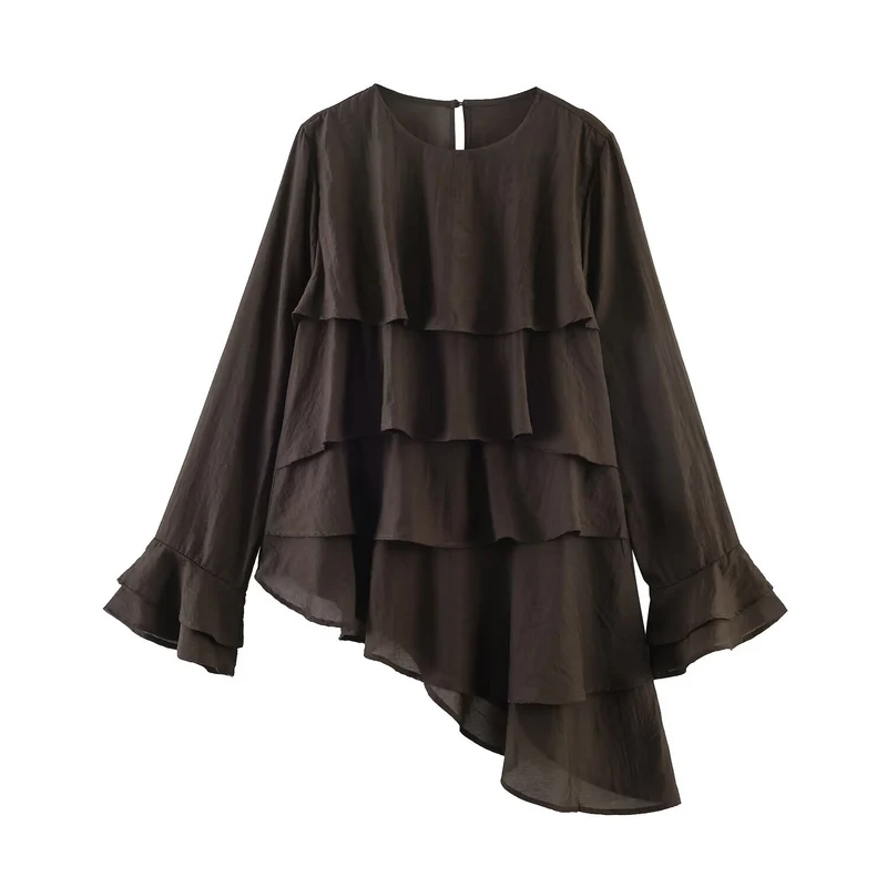 Damen Gestufte Rüschenbluse mit Glockenärmeln und asymmetrischem Saum Drune