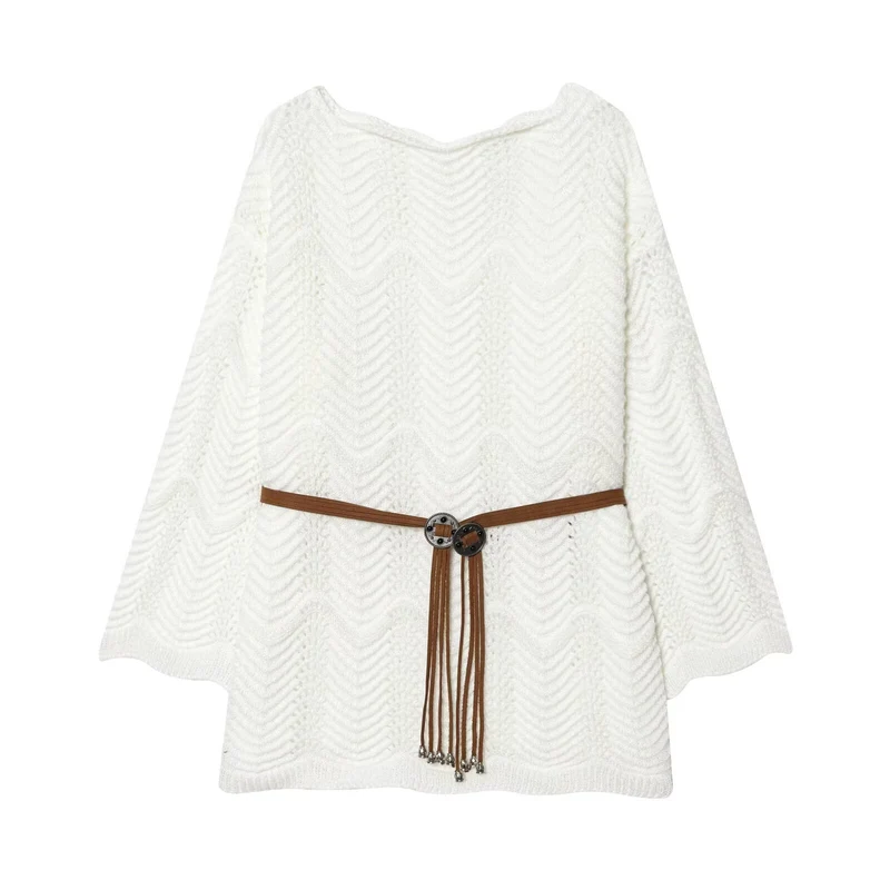 Damen Gestricktes Poncho-Cape mit Ajourmuster und Lederquasten-Gürtel Drune