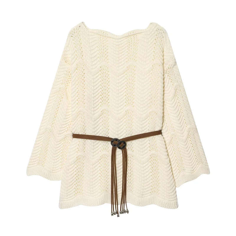Damen Gestricktes Poncho-Cape mit Ajourmuster und Lederquasten-Gürtel Drune