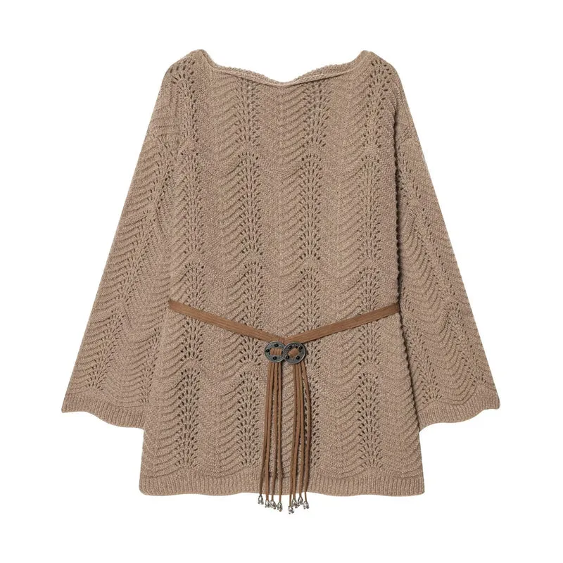 Damen Gestricktes Poncho-Cape mit Ajourmuster und Lederquasten-Gürtel Drune