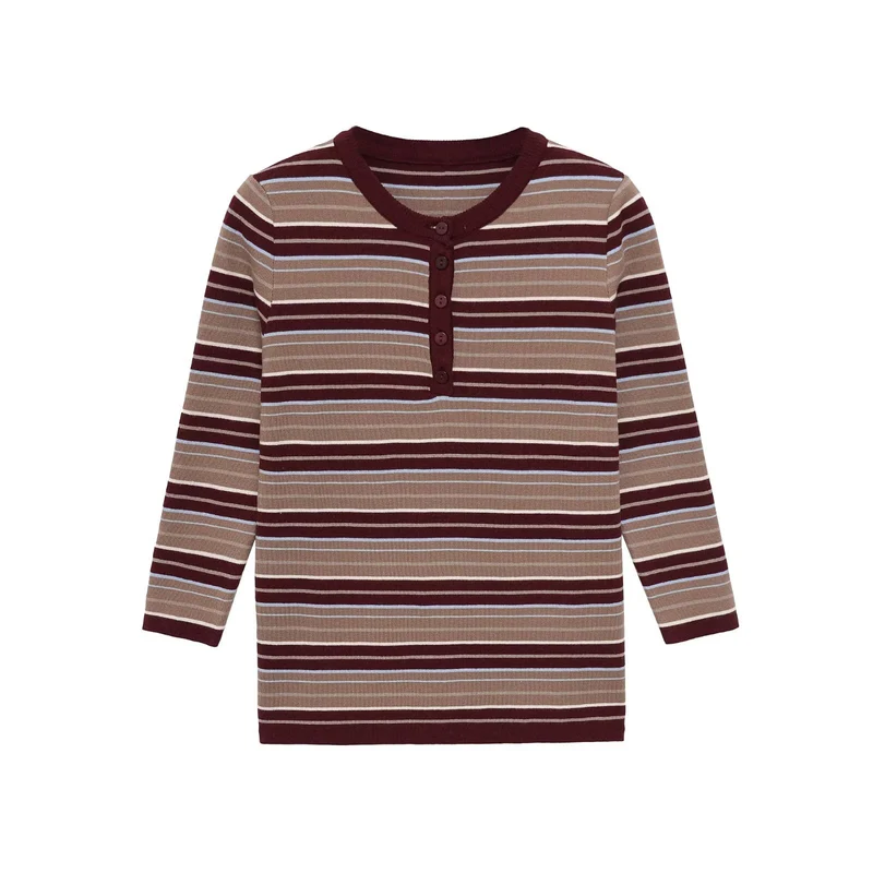 Damen Gestreiftes Rippstrick-Henleyshirt mit Knopfleiste und schmaler Passform Drune