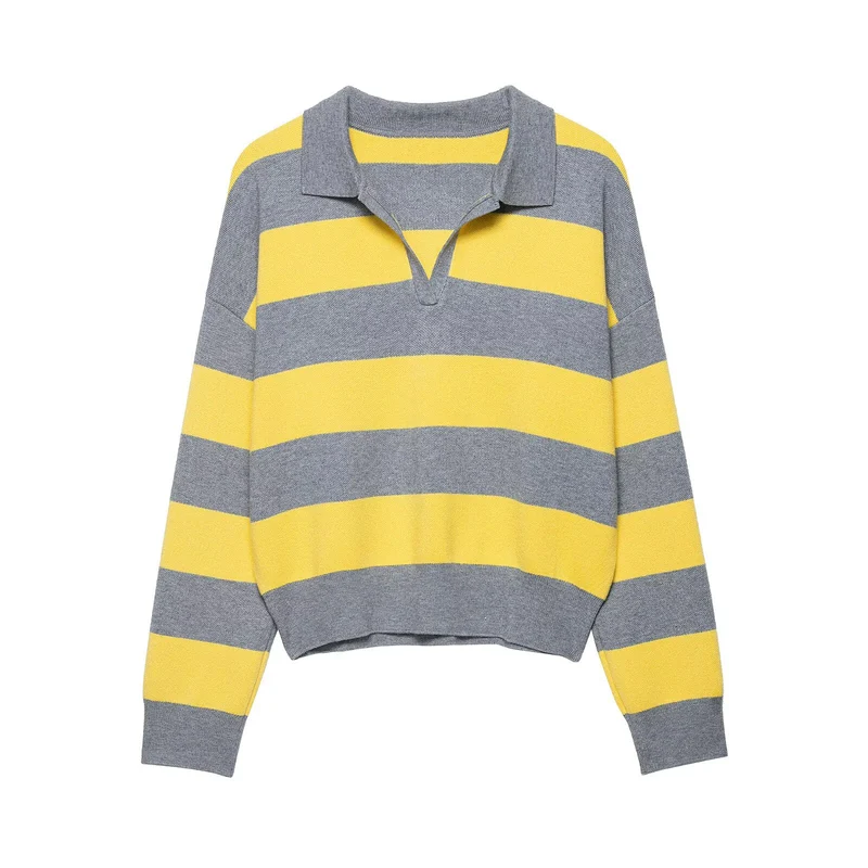 Damen Gestreifter Rugby-Polo-Pullover mit V-Notch und Cropped-Saum Drune