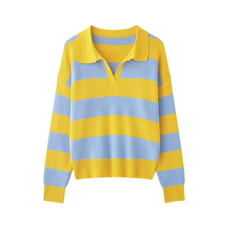 Damen Gestreifter Rugby-Polo-Pullover mit V-Notch und Cropped-Saum Drune