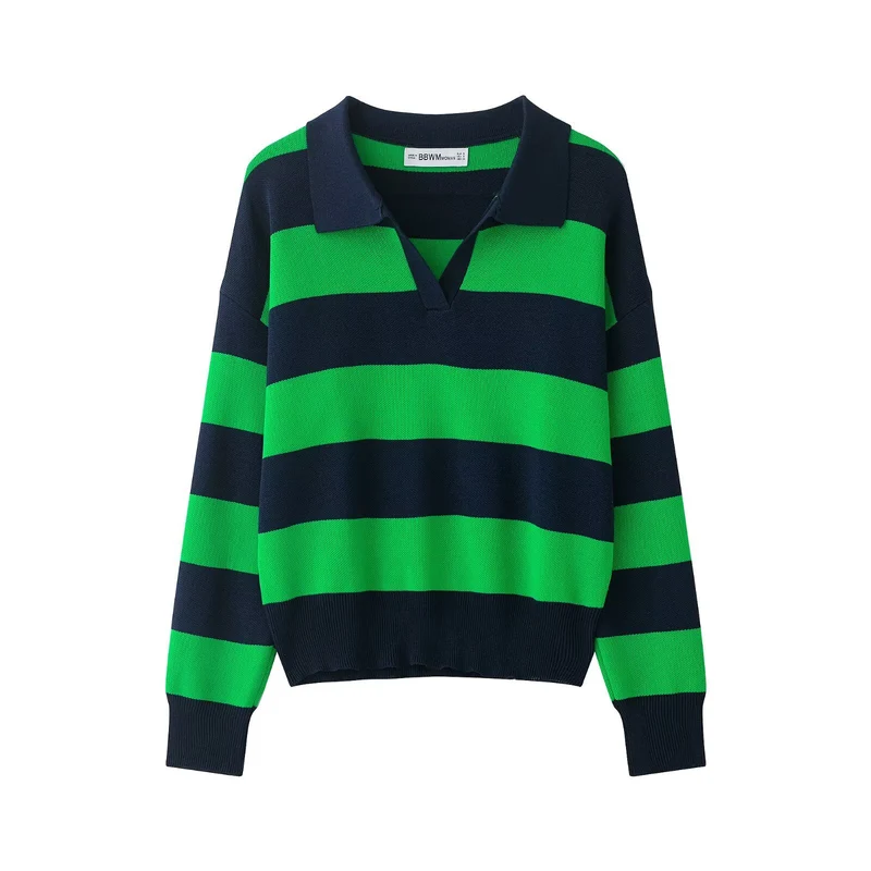 Damen Gestreifter Rugby-Polo-Pullover mit V-Notch und Cropped-Saum Drune