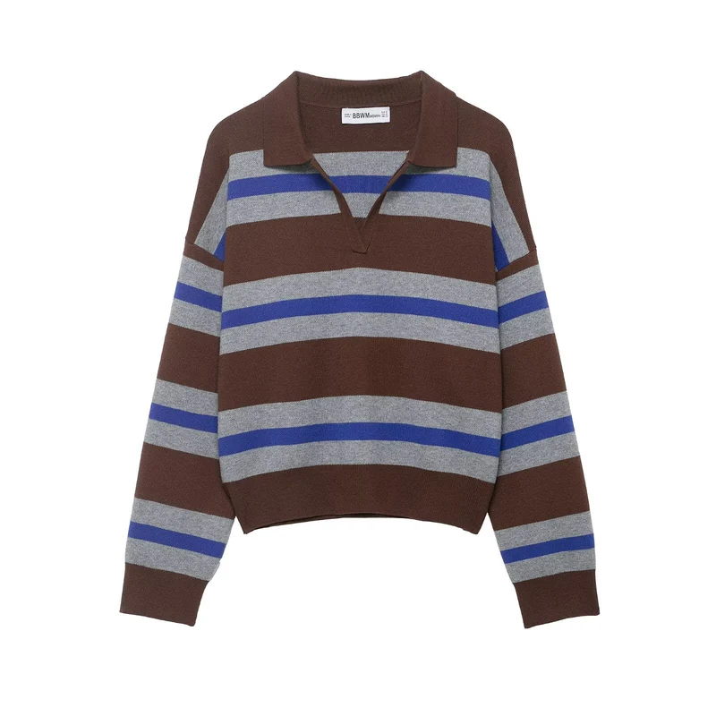 Damen Gestreifter Rugby-Polo-Pullover mit V-Notch und Cropped-Saum Drune