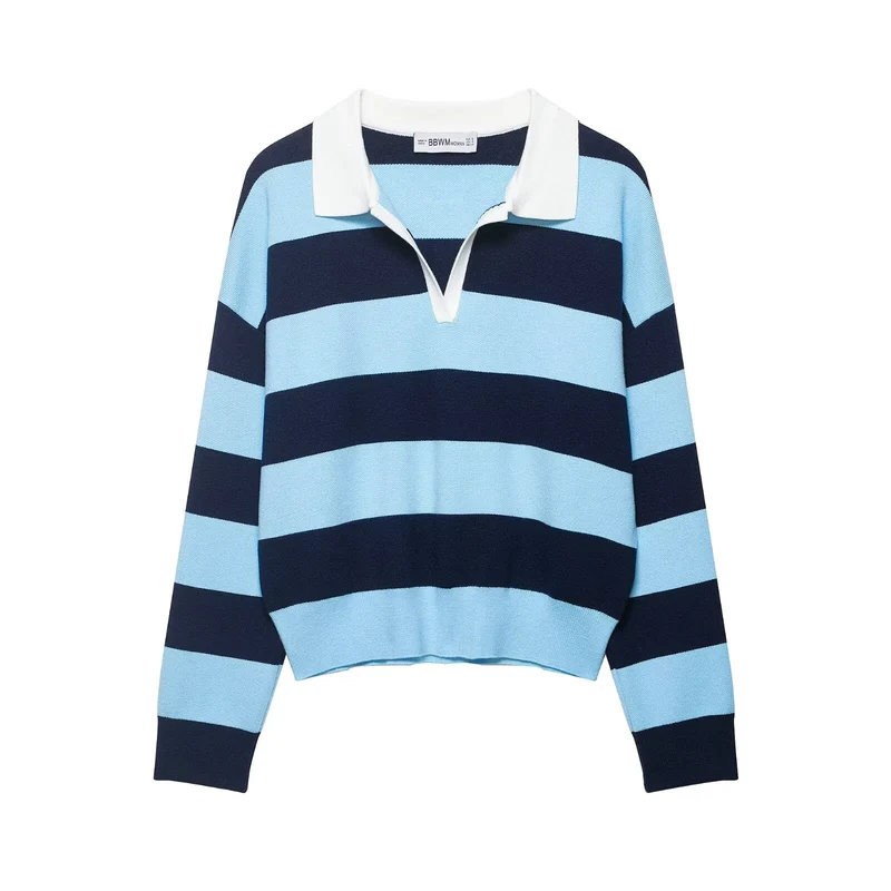 Damen Gestreifter Rugby-Polo-Pullover mit V-Notch und Cropped-Saum Drune
