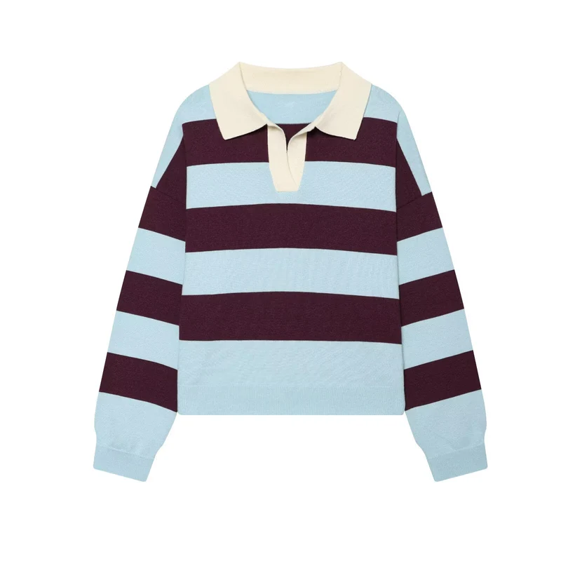 Damen Gestreifter Rugby-Polo-Pullover mit V-Notch und Cropped-Saum Drune