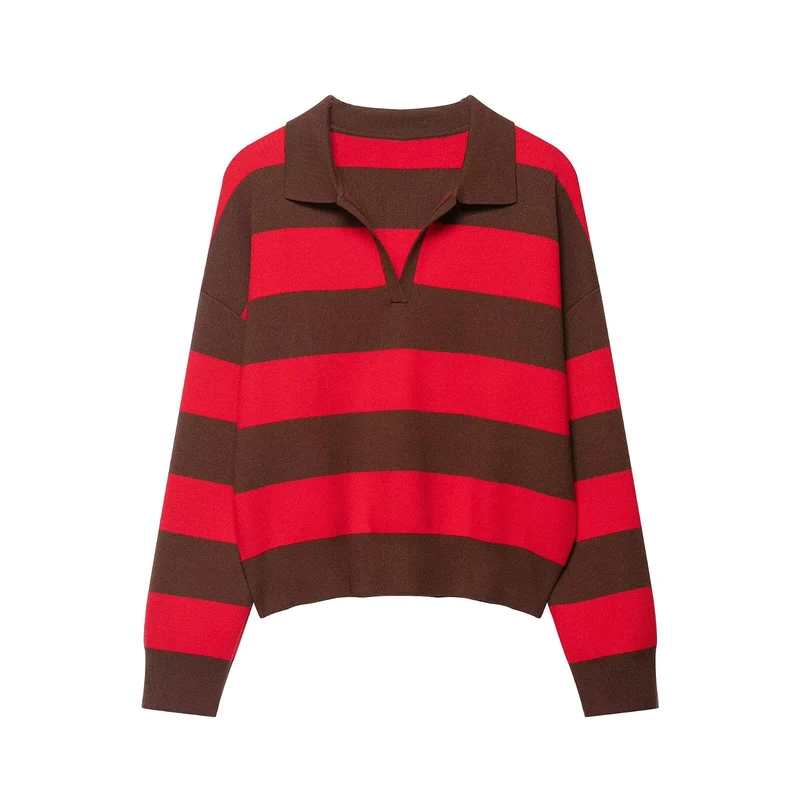 Damen Gestreifter Rugby-Polo-Pullover mit V-Notch und Cropped-Saum Drune