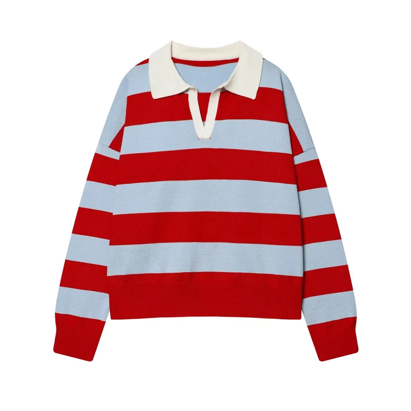 Damen Gestreifter Rugby-Polo-Pullover mit V-Notch und Cropped-Saum Drune