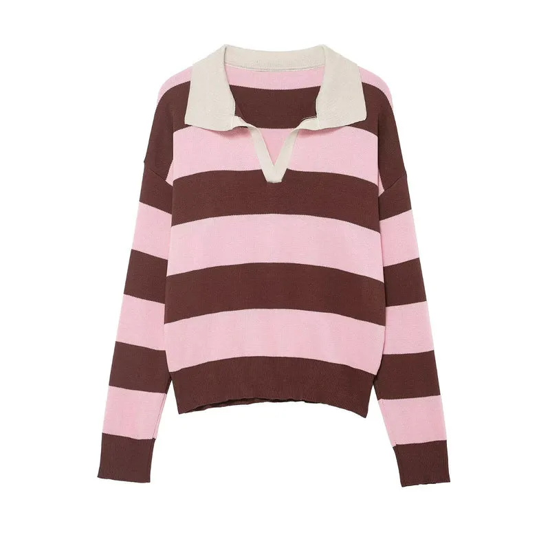 Damen Gestreifter Rugby-Polo-Pullover mit V-Notch und Cropped-Saum Drune