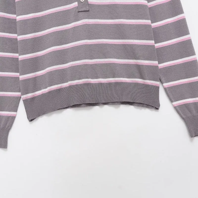 Damen Gestreifter Feinstrick-Polo-Pullover mit Knopfleiste und Rippbündchen Drune