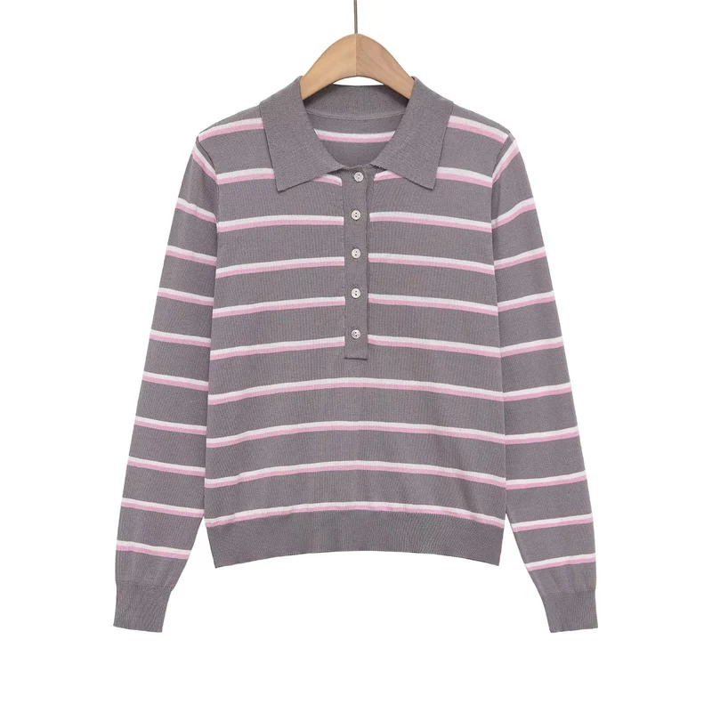 Damen Gestreifter Feinstrick-Polo-Pullover mit Knopfleiste und Rippbündchen Drune