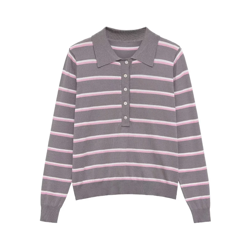 Damen Gestreifter Feinstrick-Polo-Pullover mit Knopfleiste und Rippbündchen Drune
