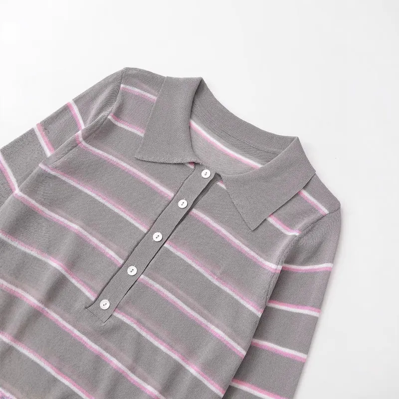 Damen Gestreifter Feinstrick-Polo mit Knopfleiste und Rippbündchen Drune