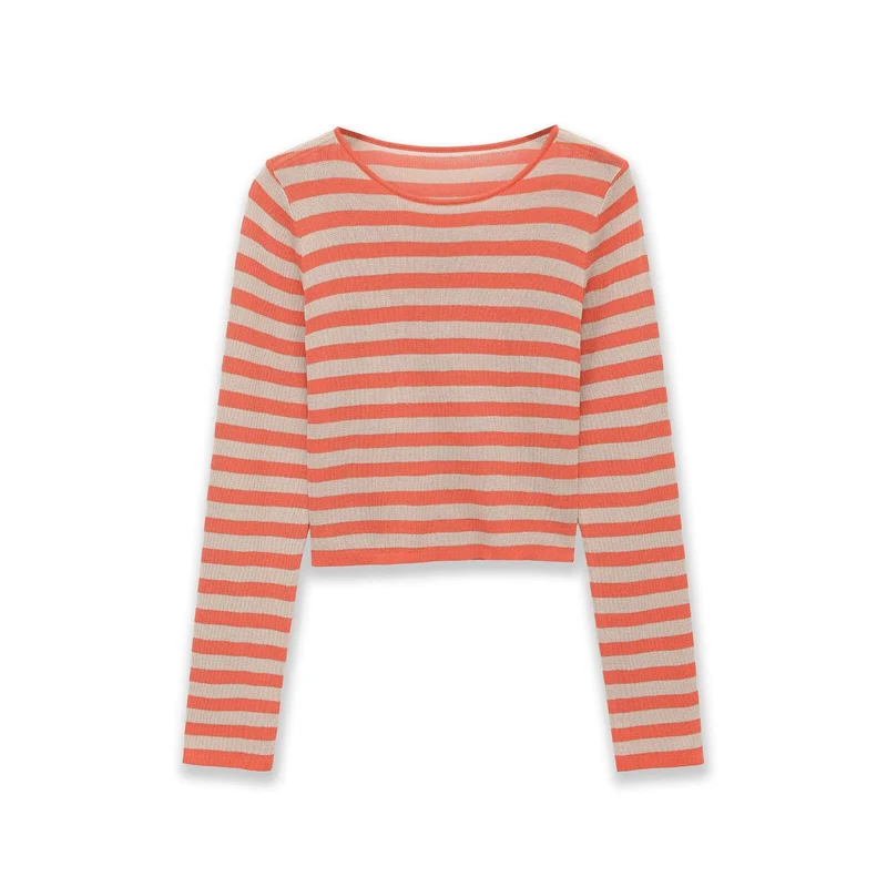 Damen Gestreifter Cropped Feinstrickpullover mit Rundhalsausschnitt Drune