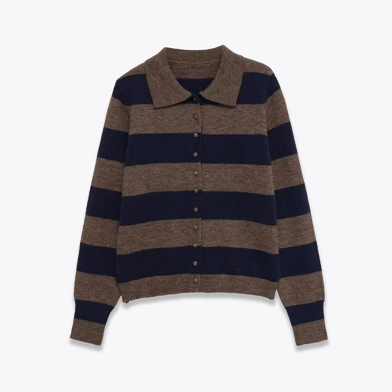 Damen Gestreifte Strickcardigan mit Hemdkragen und Knopfleiste Drune