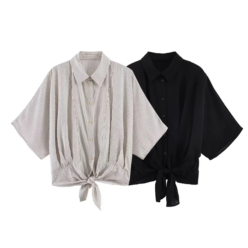 Damen Gestreifte Oversize-Bluse mit Kimonoärmeln und Knotenfront Drune