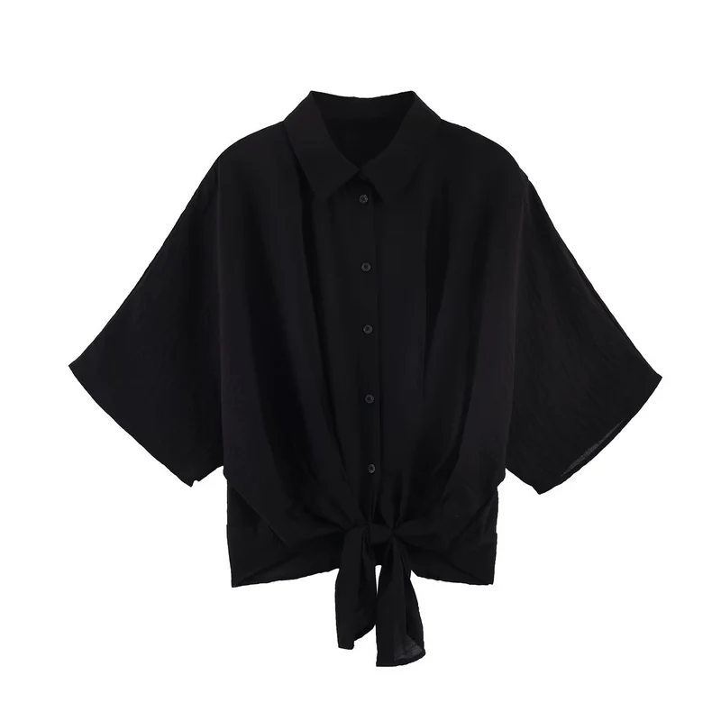 Damen Gestreifte Oversize-Bluse mit Kimonoärmeln und Knotenfront Drune