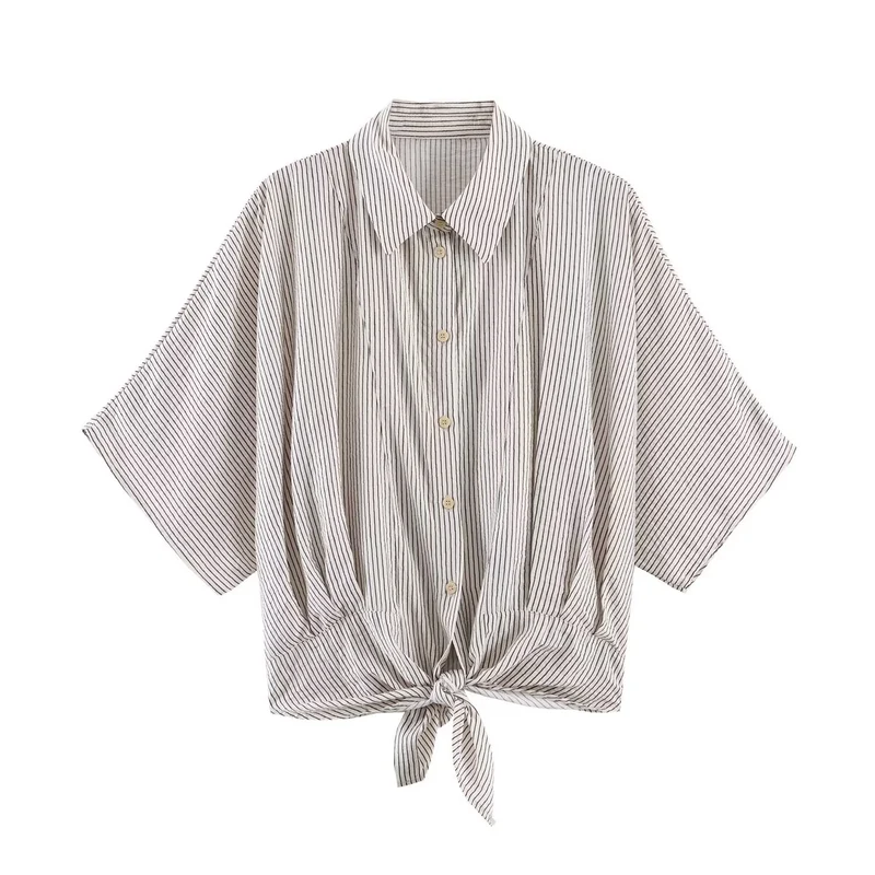 Damen Gestreifte Oversize-Bluse mit Kimonoärmeln und Knotenfront Drune