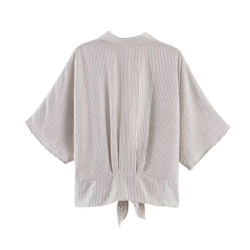Damen Gestreifte Oversize-Bluse mit Kimonoärmeln und Knotenfront Drune