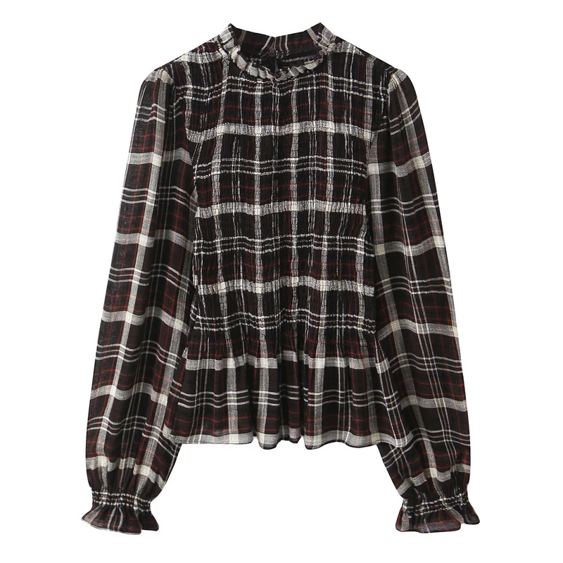 Damen Gestreifte Bluse mit Smok-Front, Stehkragen und Volant-Saum Drune